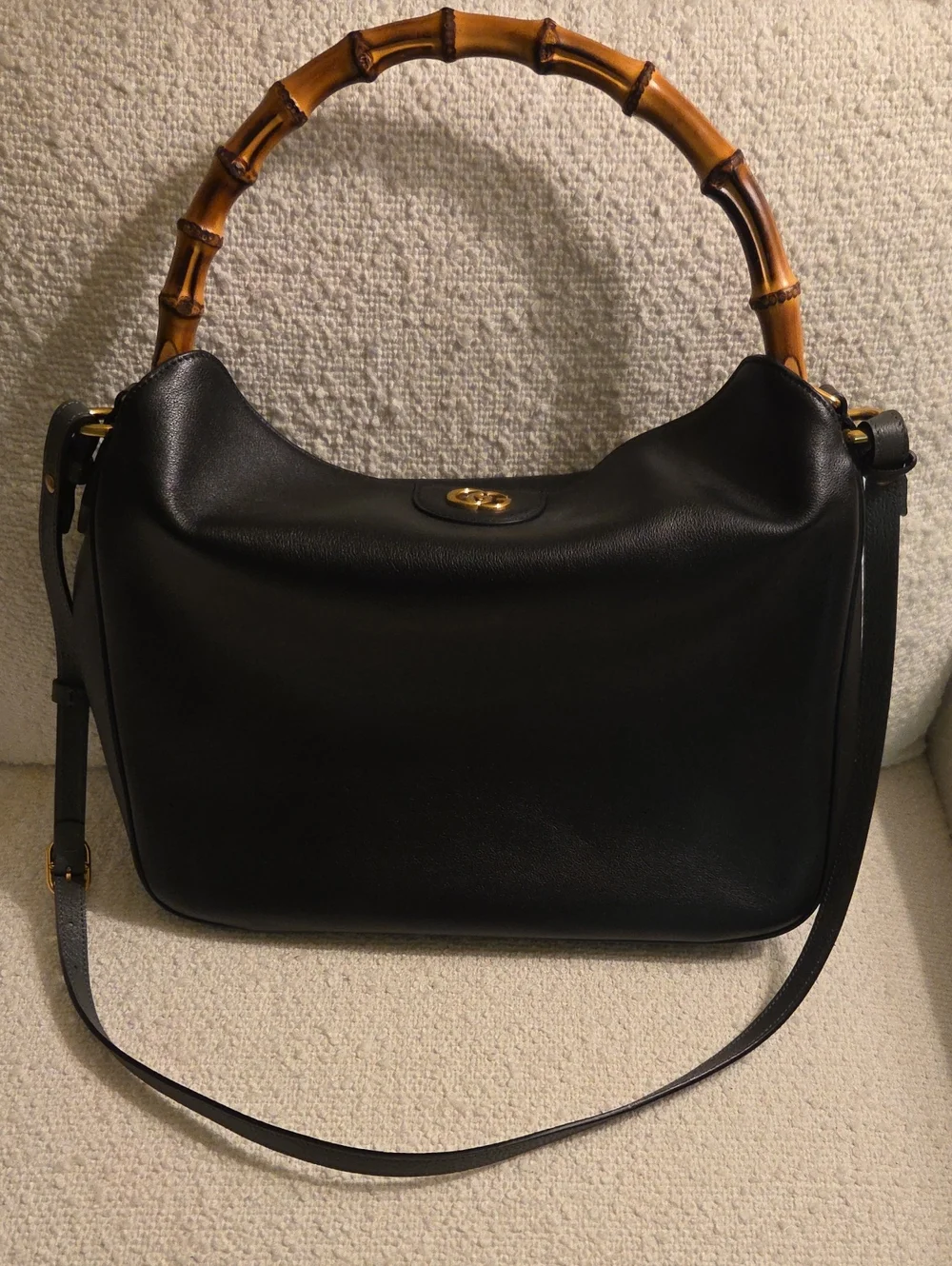 Black Leather Shoulder Bag with Bamboo Top Handle
